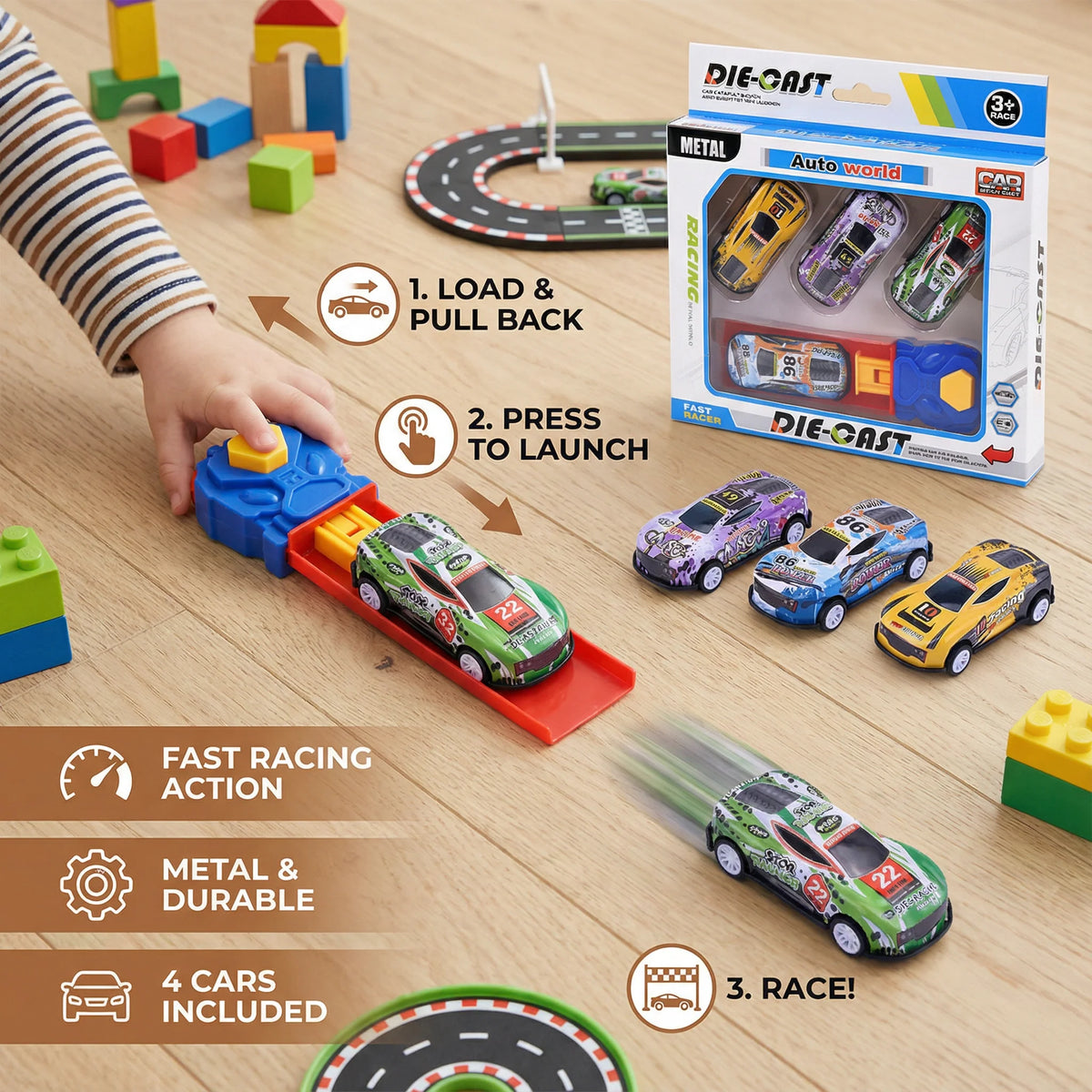 Car Catapult Set Button-Activated Die-Cast Cars