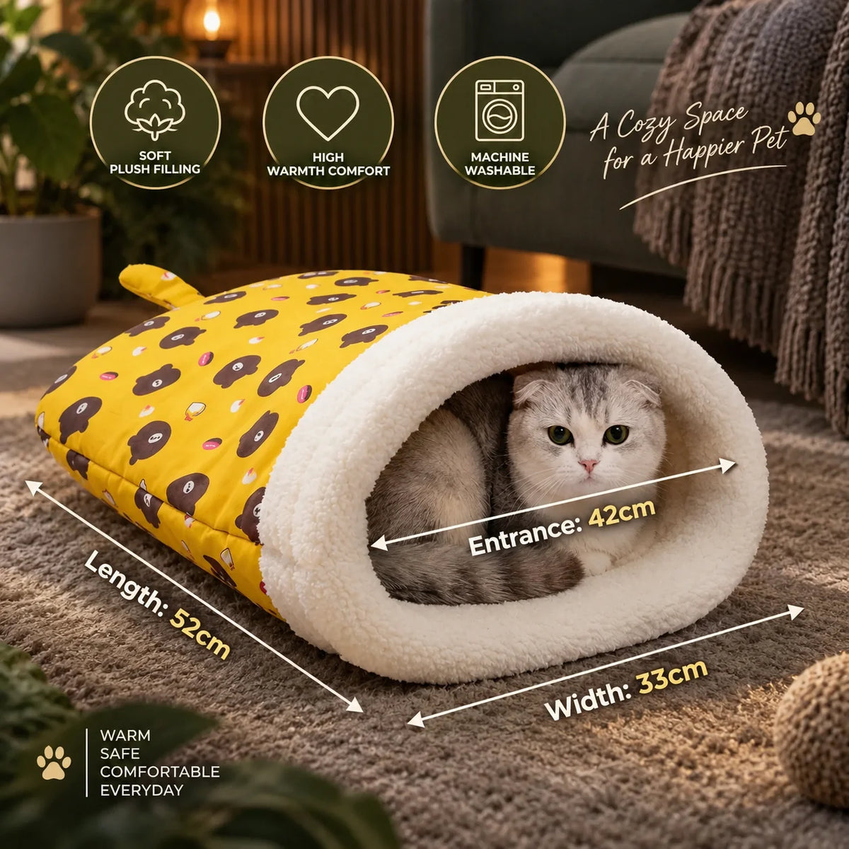 Cat Bed Plush-Lined Semi-Enclosed Machine Washable