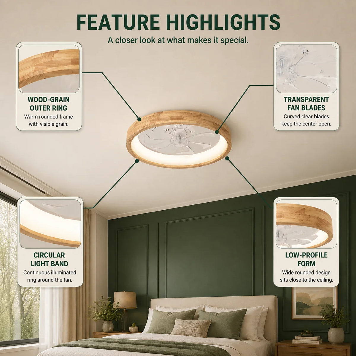 Ceiling Fan Light Solid Wood Flush Mount Dimmable LED
