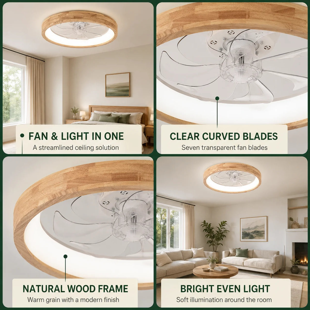 Ceiling Fan Light Solid Wood Flush Mount Dimmable LED