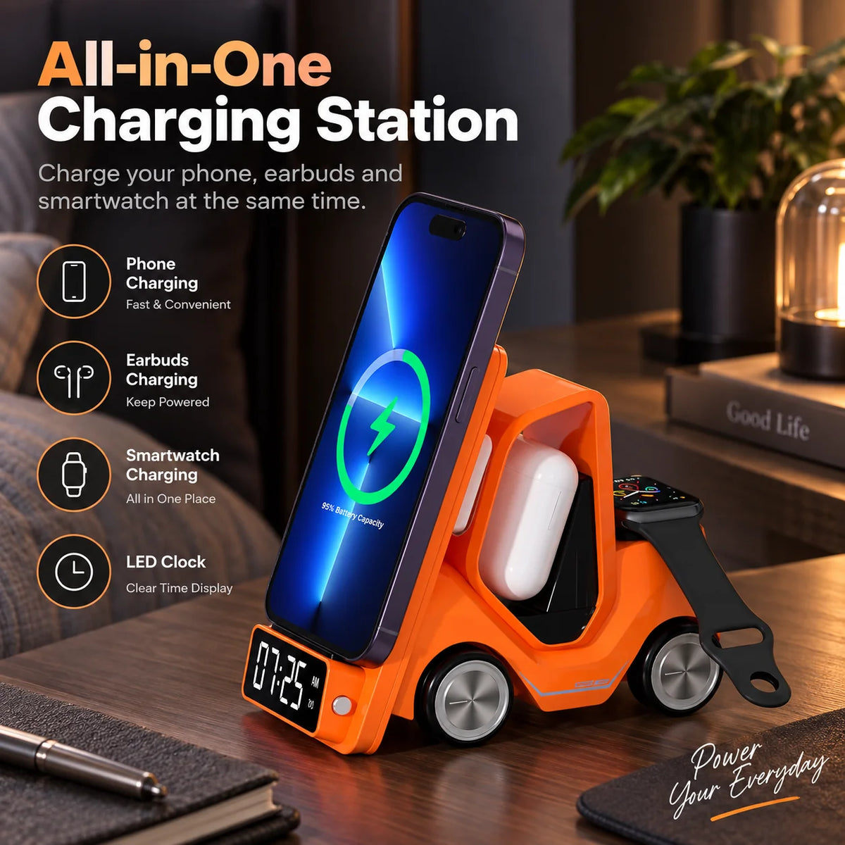 Charging Station 3-in-1 Phone Watch & Earbuds LED Clock