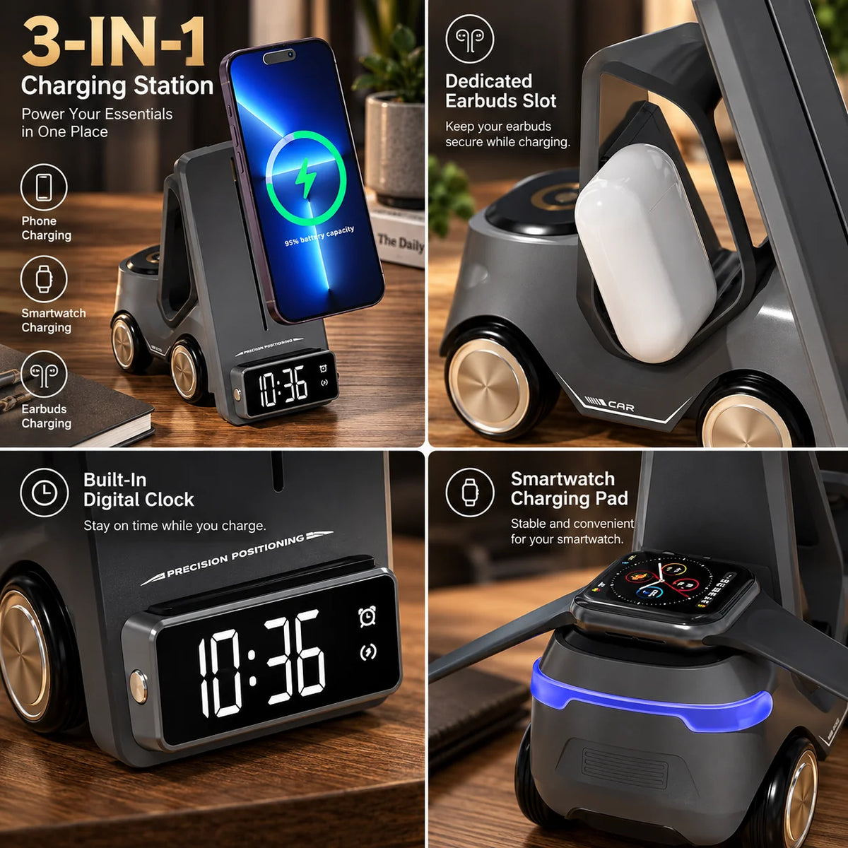 Charging Station 3-in-1 Phone Watch & Earbuds LED Clock