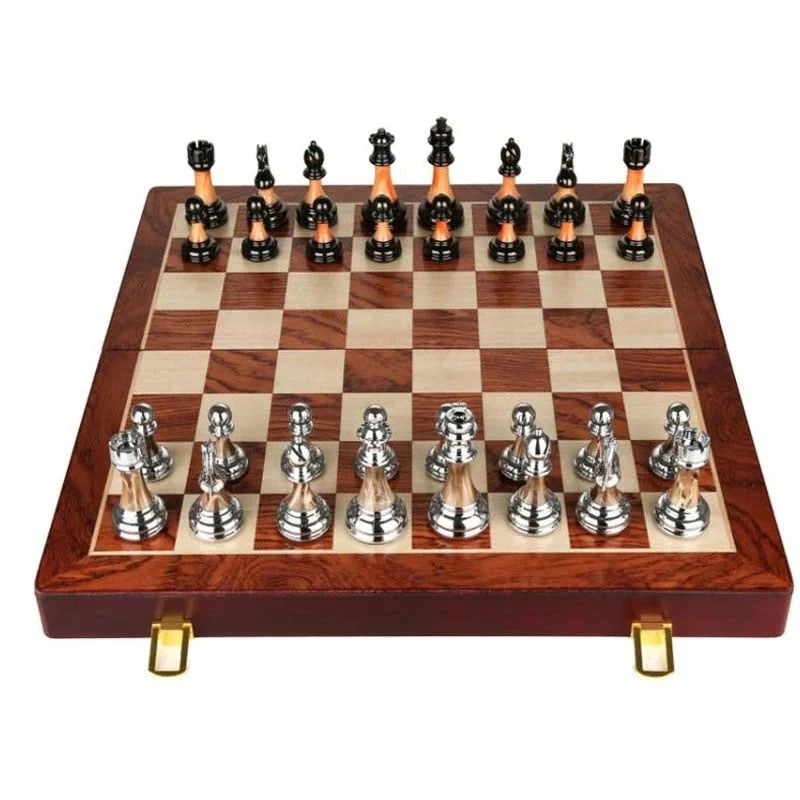 Chess Set Weighted Metal Pieces & Foldable Wood Board