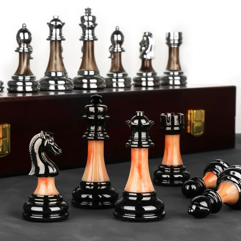 Chess Set Weighted Metal Pieces & Foldable Wood Board