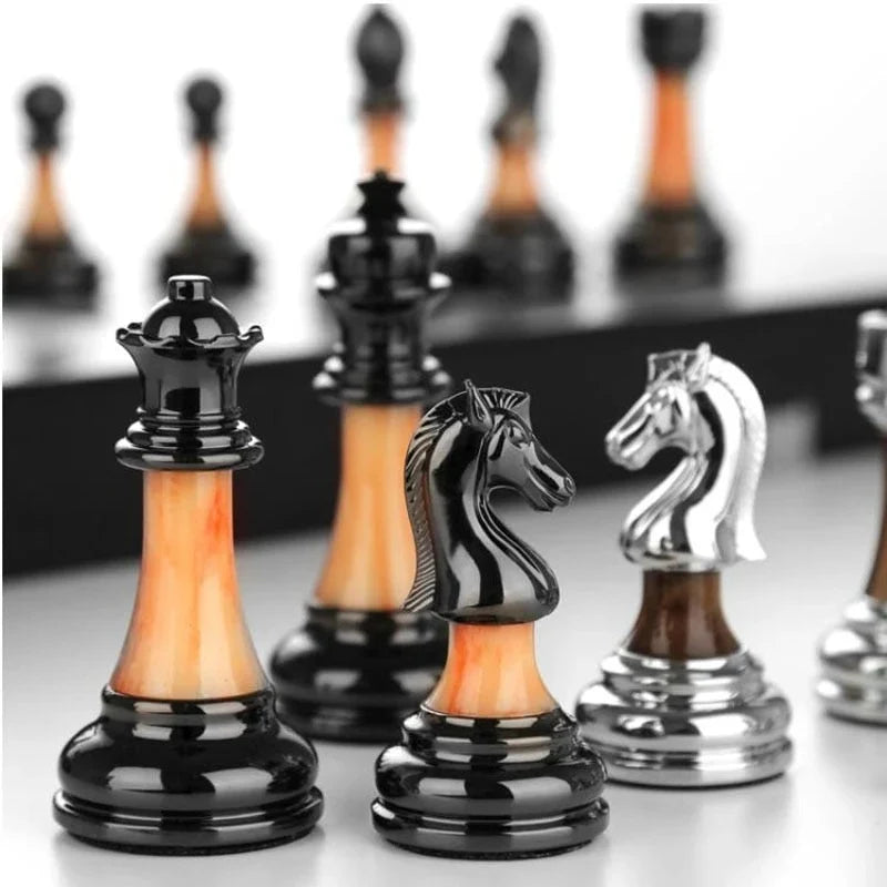 Chess Set Weighted Metal Pieces & Foldable Wood Board