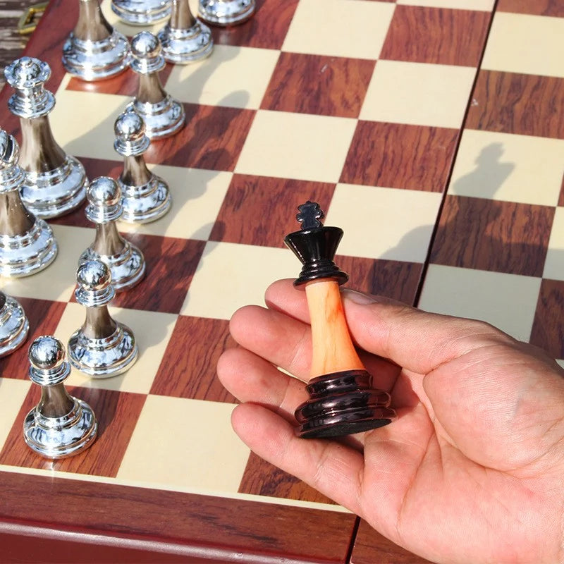 Chess Set Weighted Metal Pieces & Foldable Wood Board