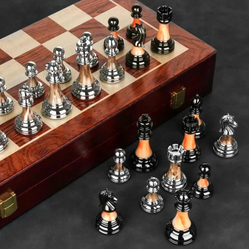 Chess Set Weighted Metal Pieces & Foldable Wood Board