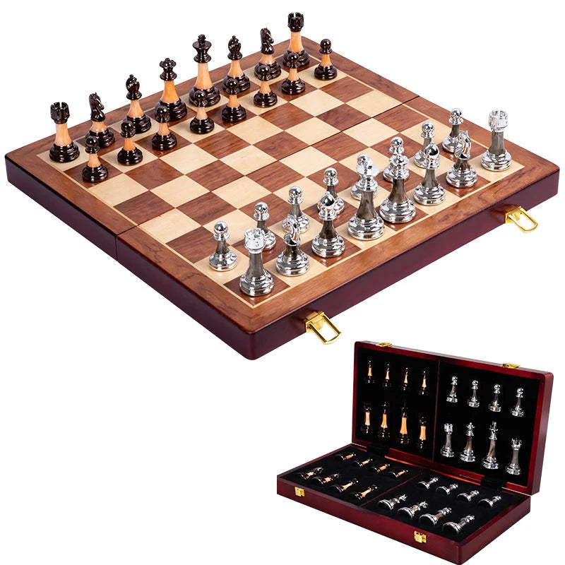 Chess Set Weighted Metal Pieces & Foldable Wood Board