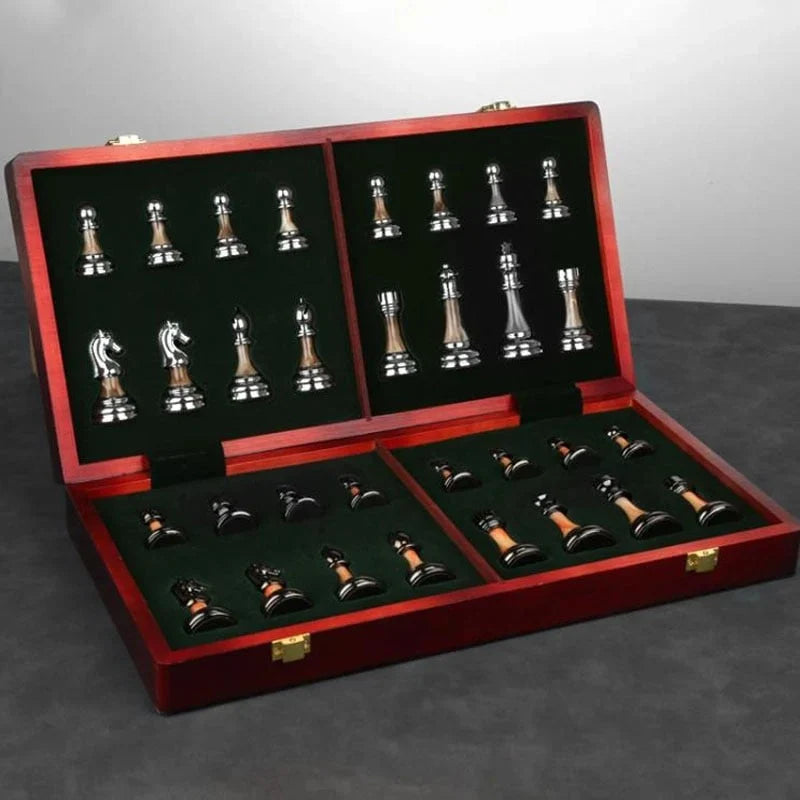 Chess Set Weighted Metal Pieces & Foldable Wood Board