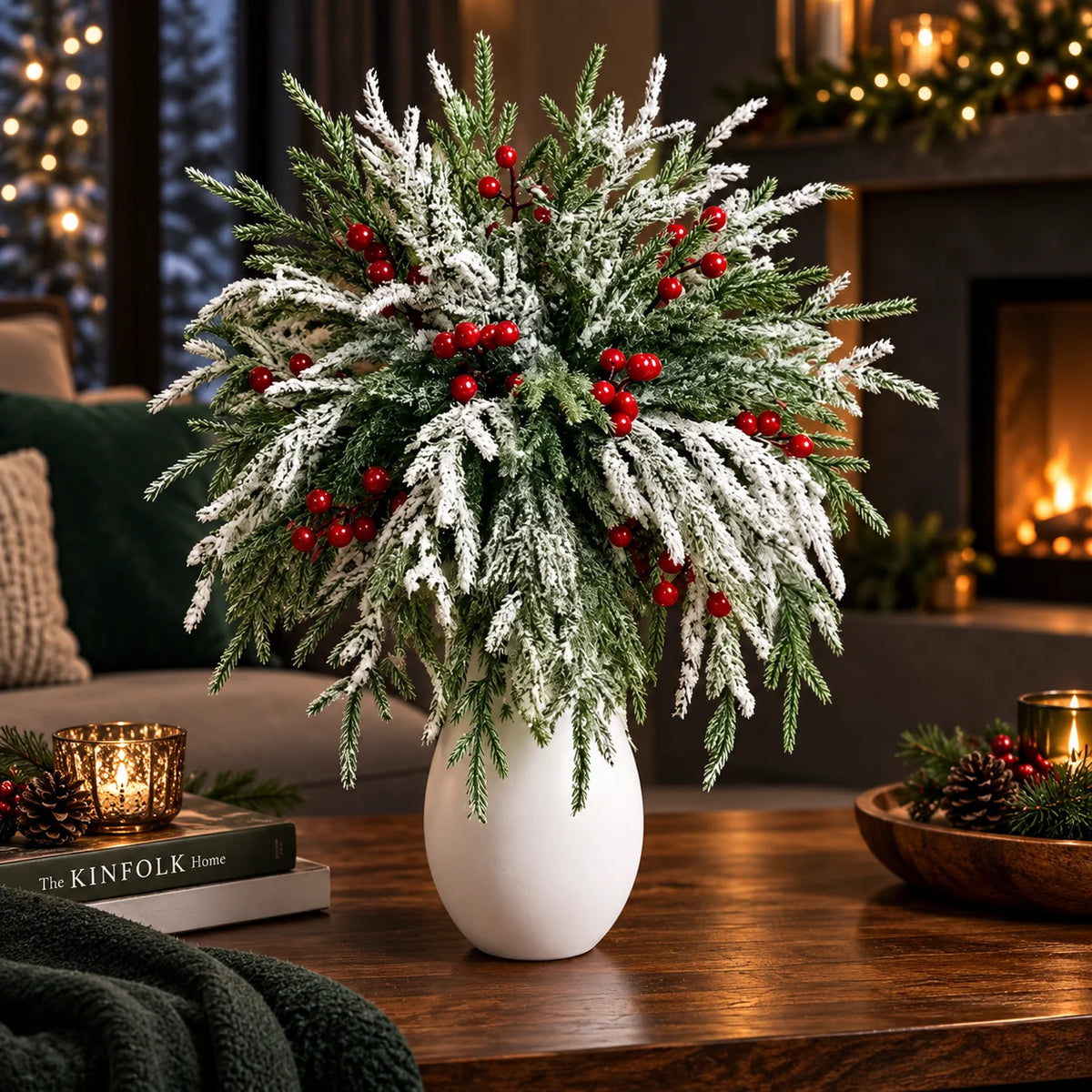 Christmas Greenery Stems Flexible Norfolk Pine & Berries 20-Pack