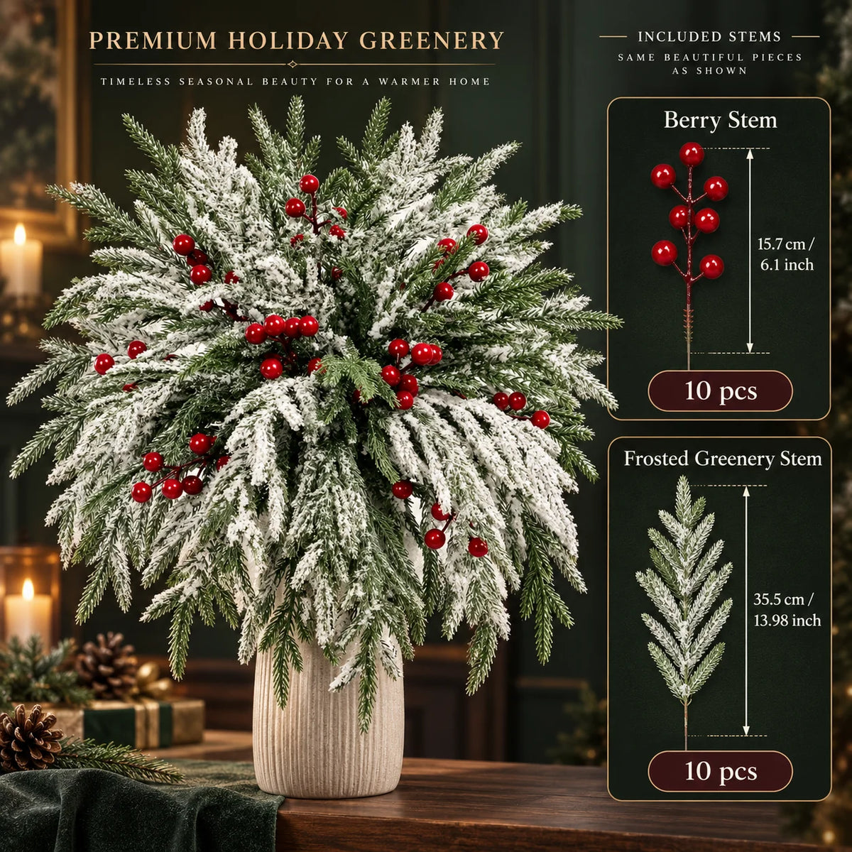 Christmas Greenery Stems Flexible Norfolk Pine & Berries 20-Pack