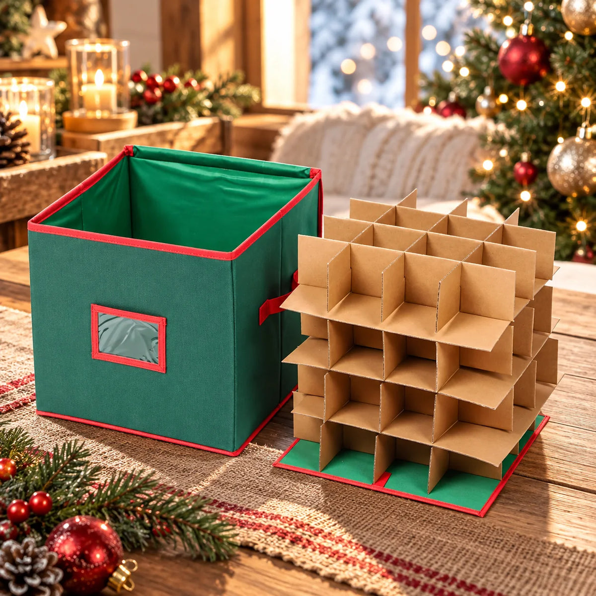 Christmas Ornament Storage Box Adjustable Dividers & Clear Window
