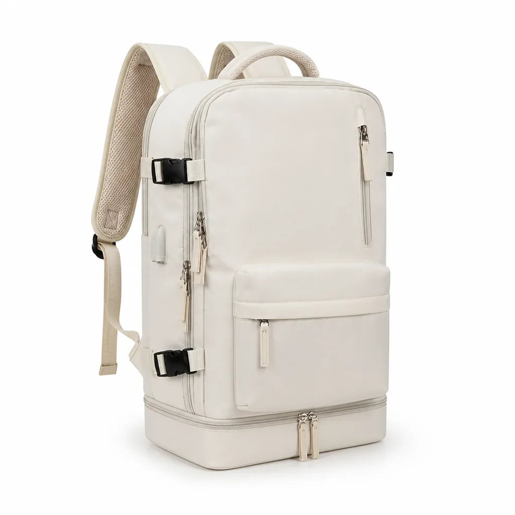 Clamshell Suitcase-Style Separate Shoe Compartment Travel Backpack (External USB Port)