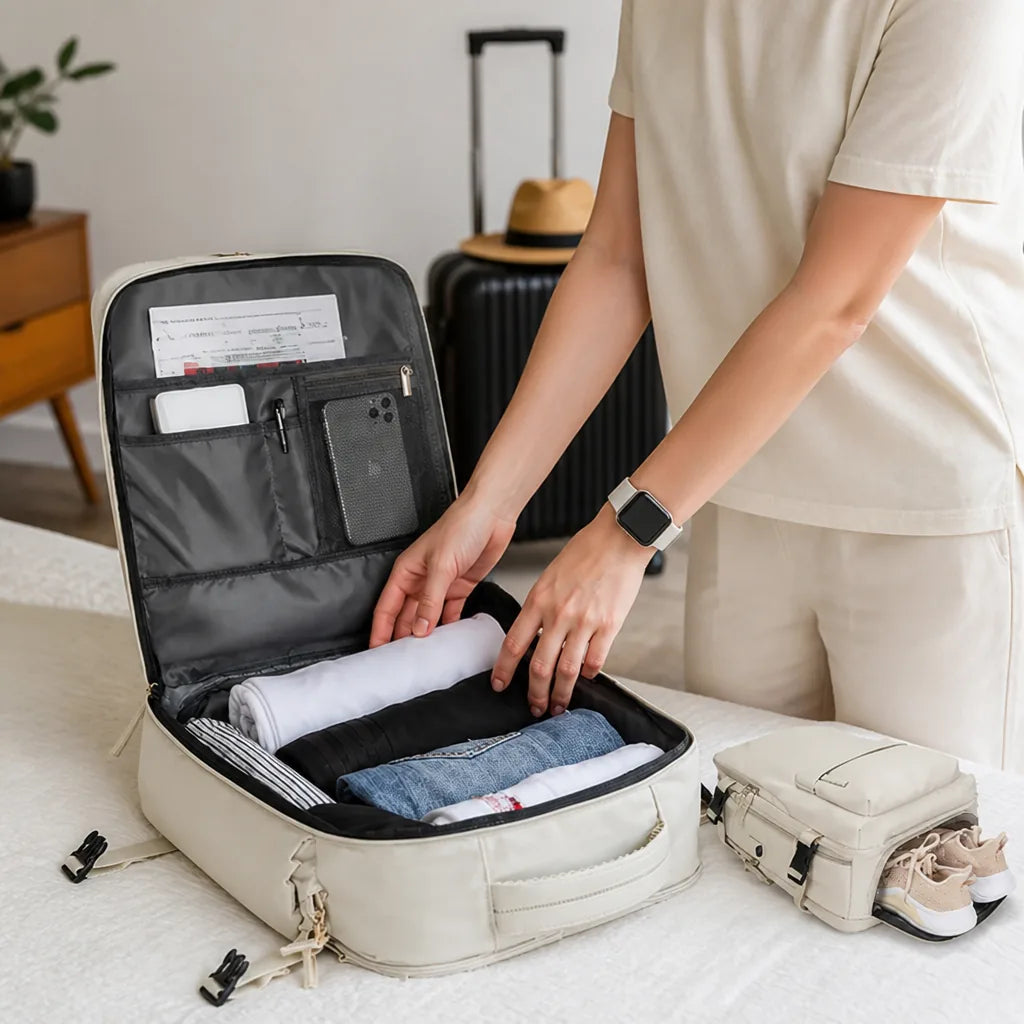 Clamshell Suitcase-Style Separate Shoe Compartment Travel Backpack (External USB Port)
