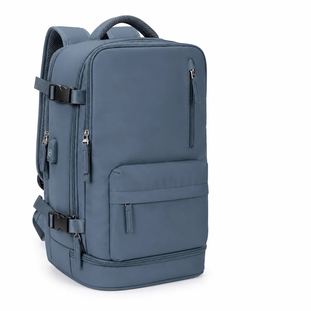 Clamshell Suitcase-Style Separate Shoe Compartment Travel Backpack (External USB Port)