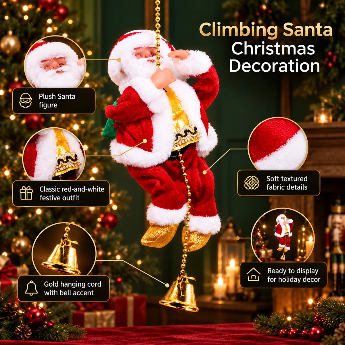 Climbing Santa Decoration Musical No Batteries