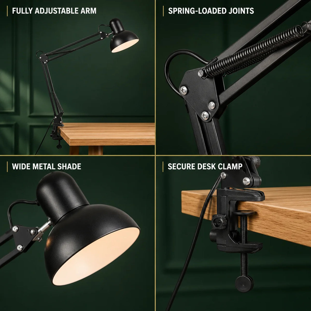 Clip-On Desk Lamp Adjustable Pivoting Arm E26 Bulb Base
