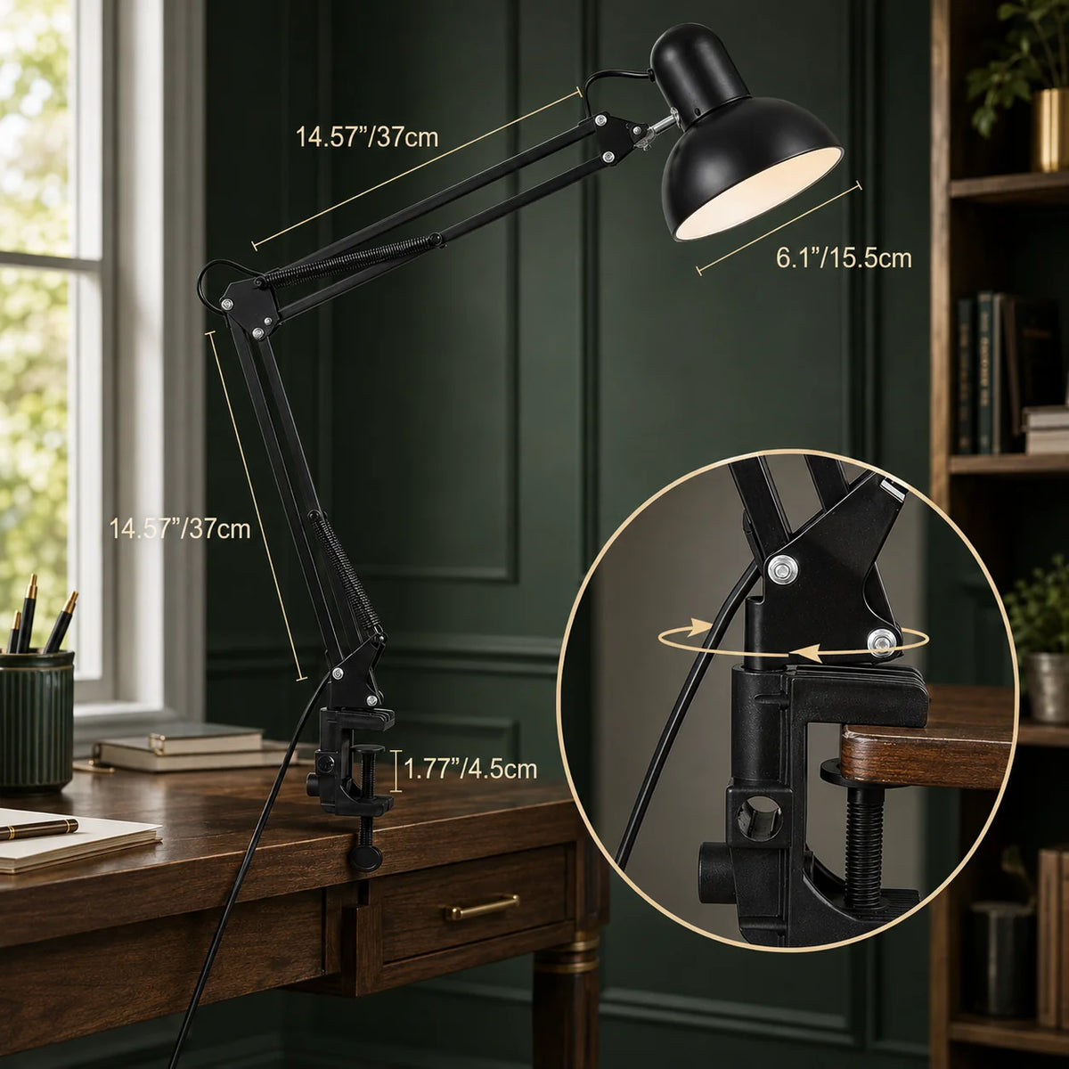 Clip-On Desk Lamp Adjustable Pivoting Arm E26 Bulb Base
