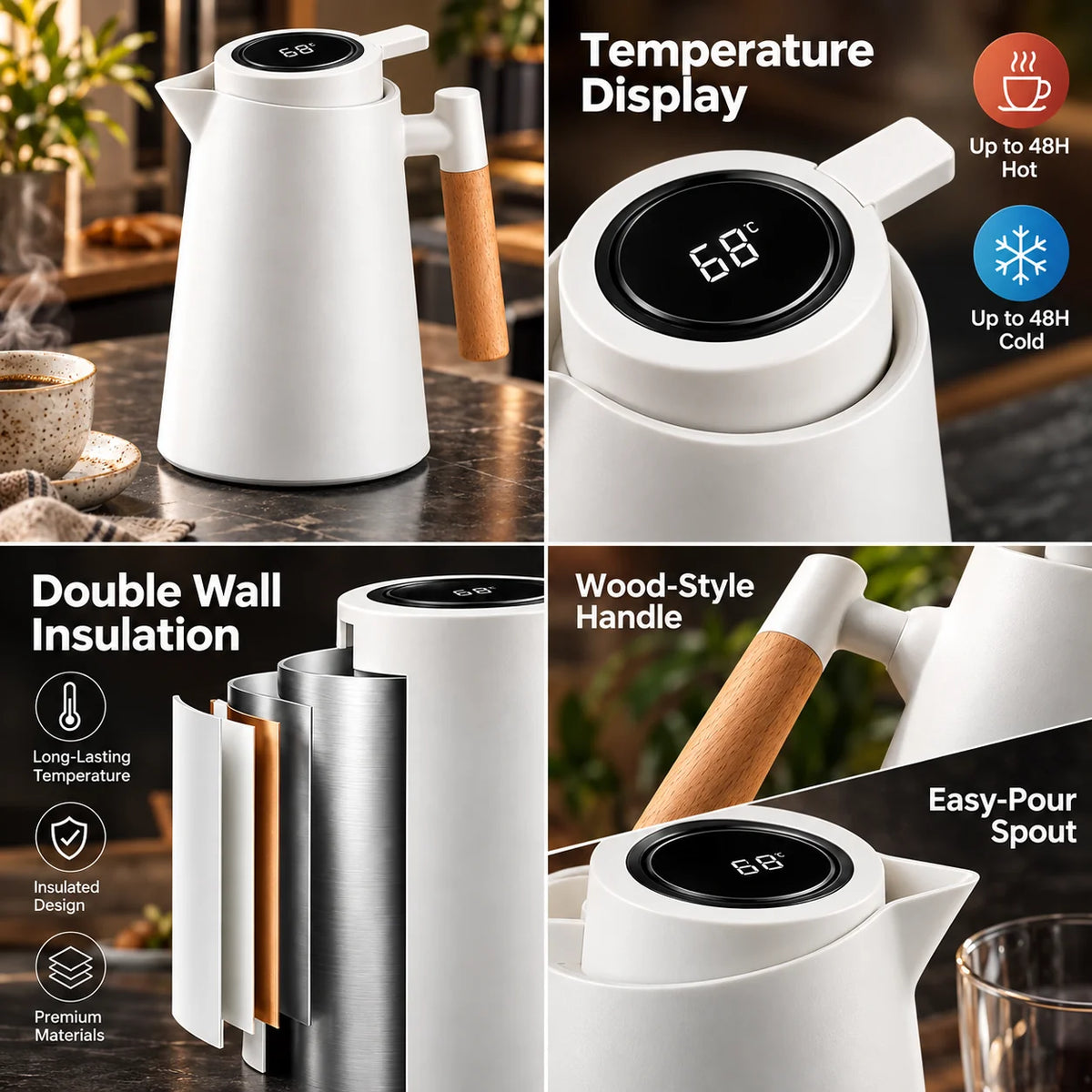 Coffee & Tea Carafe Double-Wall Insulated Digital Temperature Display