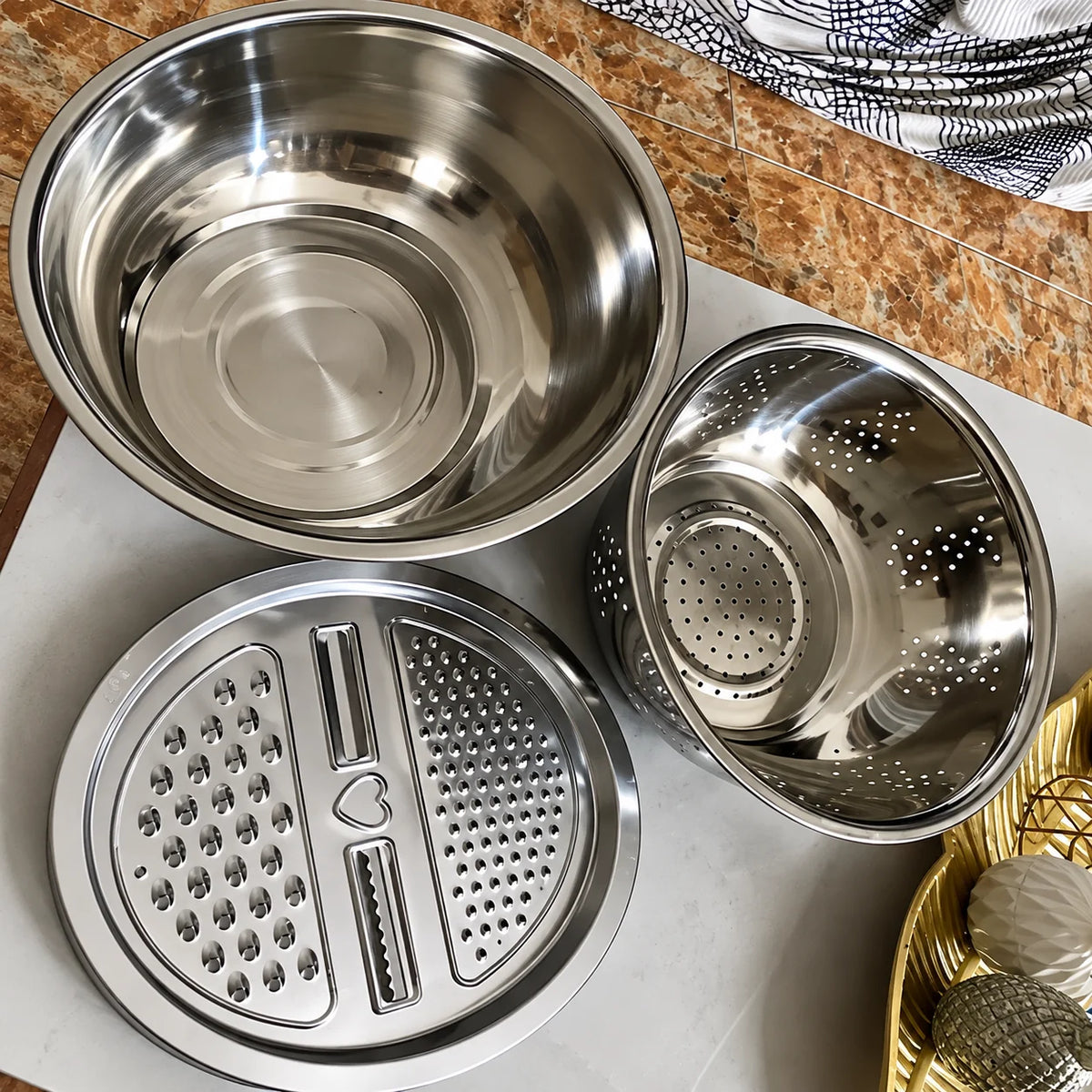 Colander & Grater Bowl Set Stainless Steel Nesting