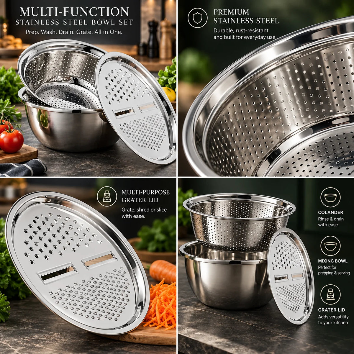 Colander & Grater Bowl Set Stainless Steel Nesting