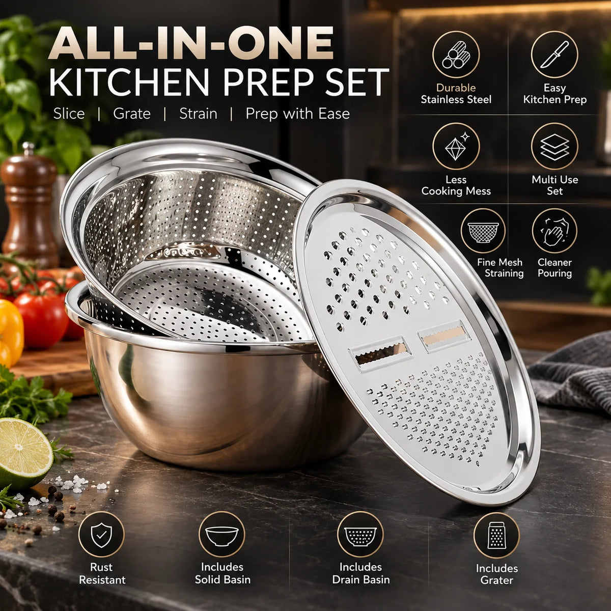 Colander & Grater Bowl Set Stainless Steel Nesting