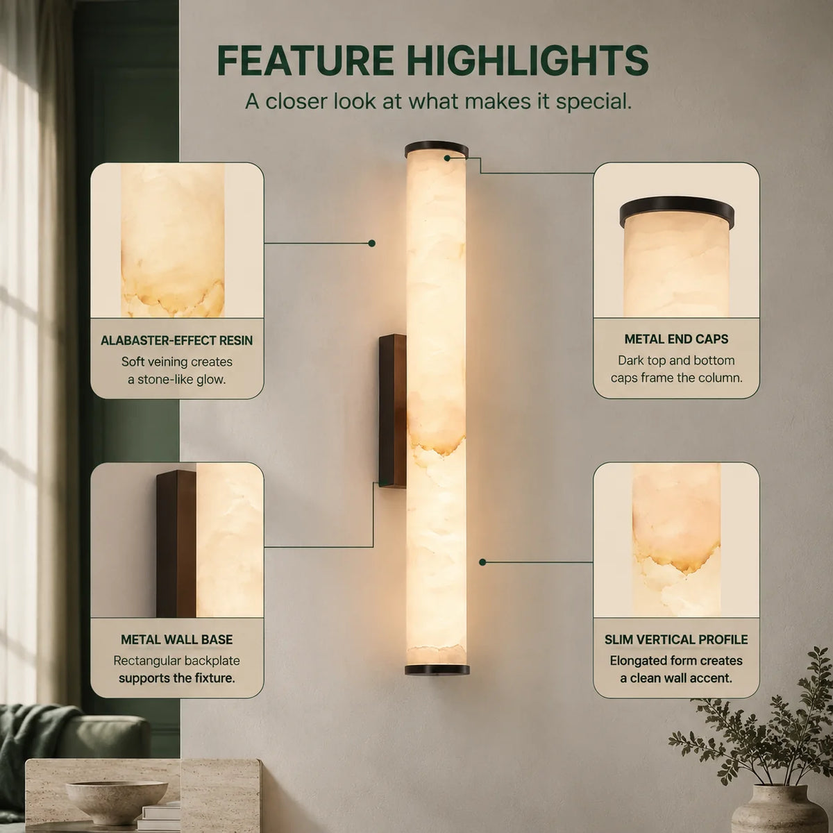 Column Wall Sconce Slim Stone-Effect Resin Integrated LED
