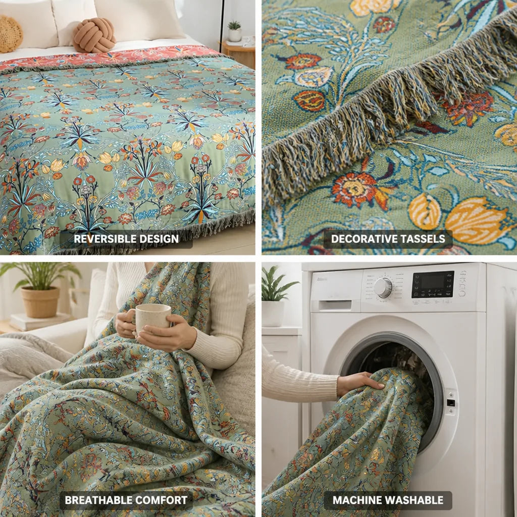Cotton Throw Blanket Reversible Jacquard Floral Tassels
