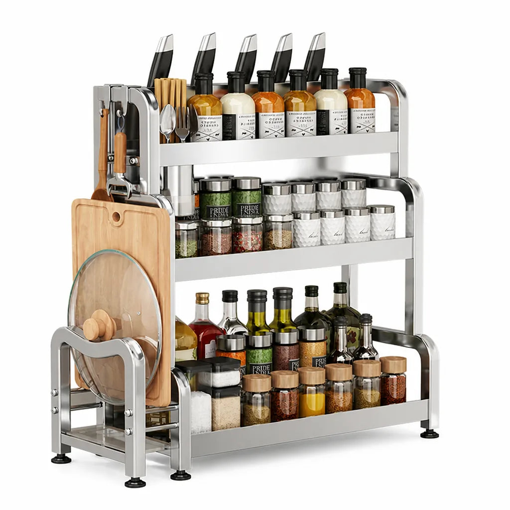 Countertop Shelf Stainless Steel Knife Holder & 6 Hooks
