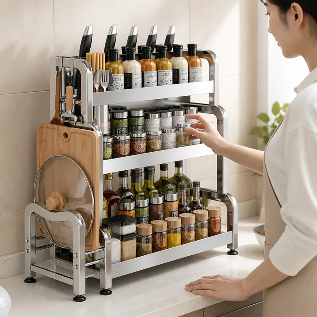 Countertop Shelf Stainless Steel Knife Holder & 6 Hooks