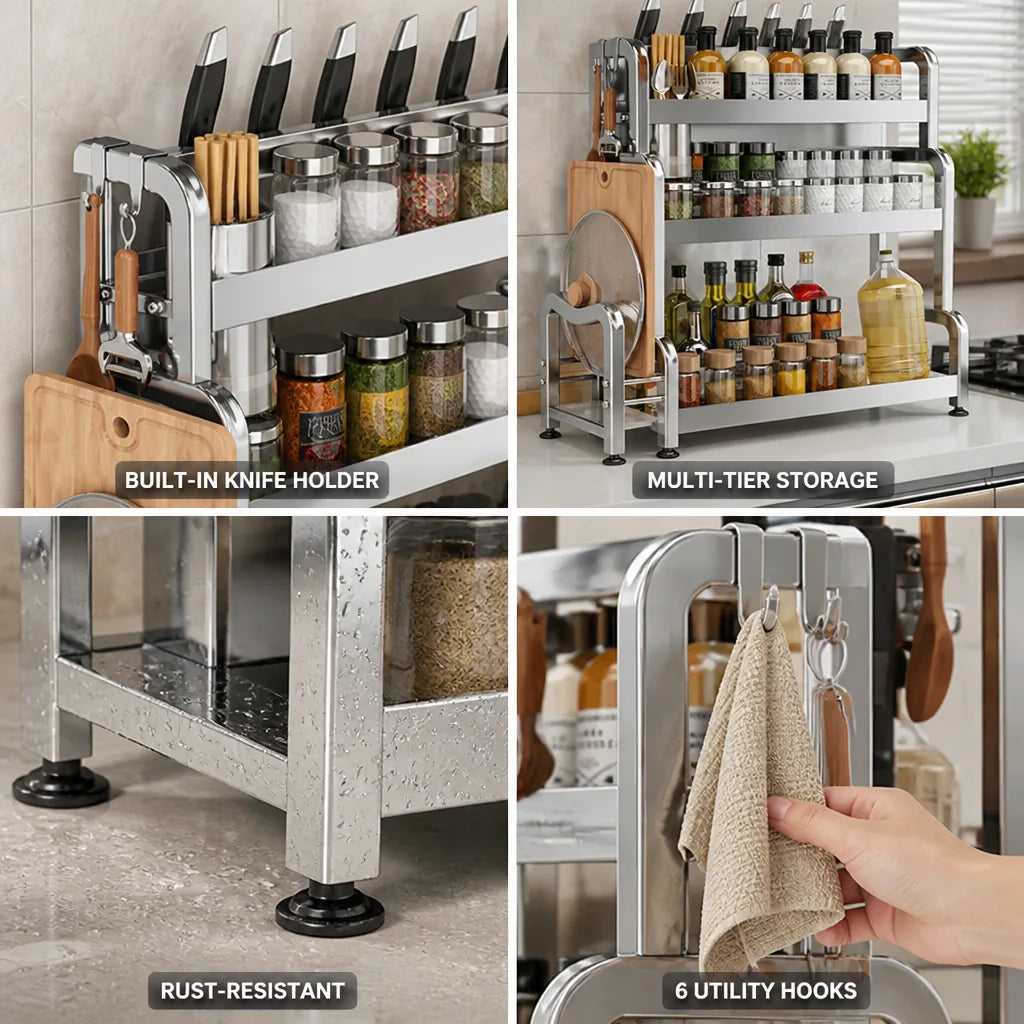 Countertop Shelf Stainless Steel Knife Holder & 6 Hooks