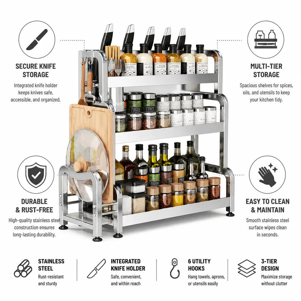 Countertop Shelf Stainless Steel Knife Holder & 6 Hooks