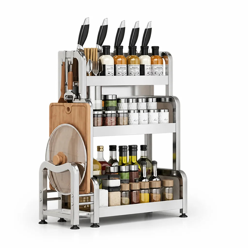 Countertop Shelf Stainless Steel Knife Holder & 6 Hooks
