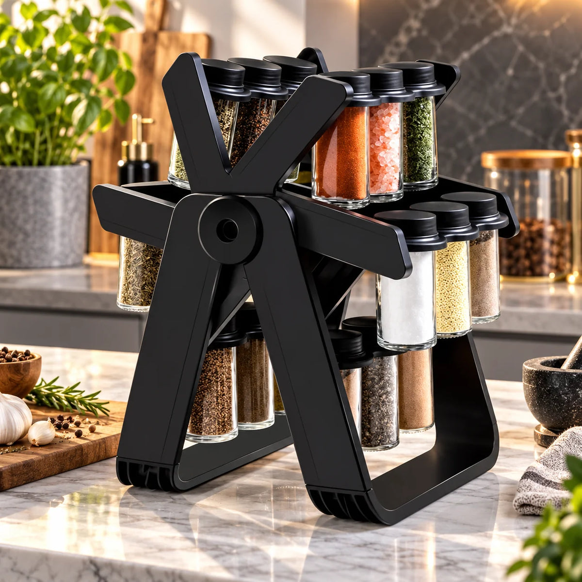 Countertop Spice Rack Rotating Space-Saving 18 Glass Jars