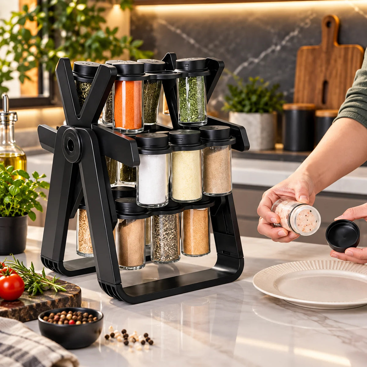 Countertop Spice Rack Rotating Space-Saving 18 Glass Jars