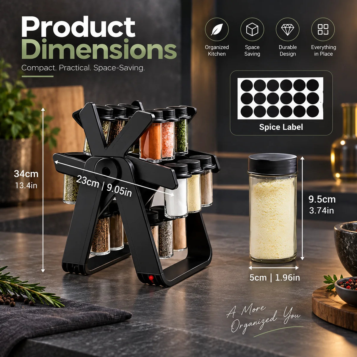 Countertop Spice Rack Rotating Space-Saving 18 Glass Jars