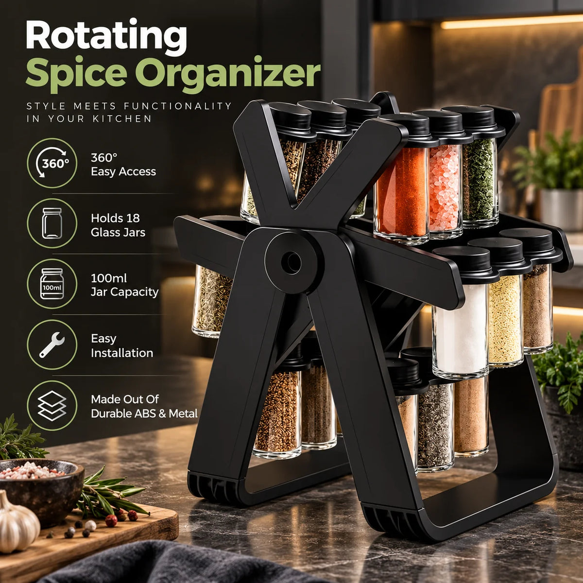Countertop Spice Rack Rotating Space-Saving 18 Glass Jars