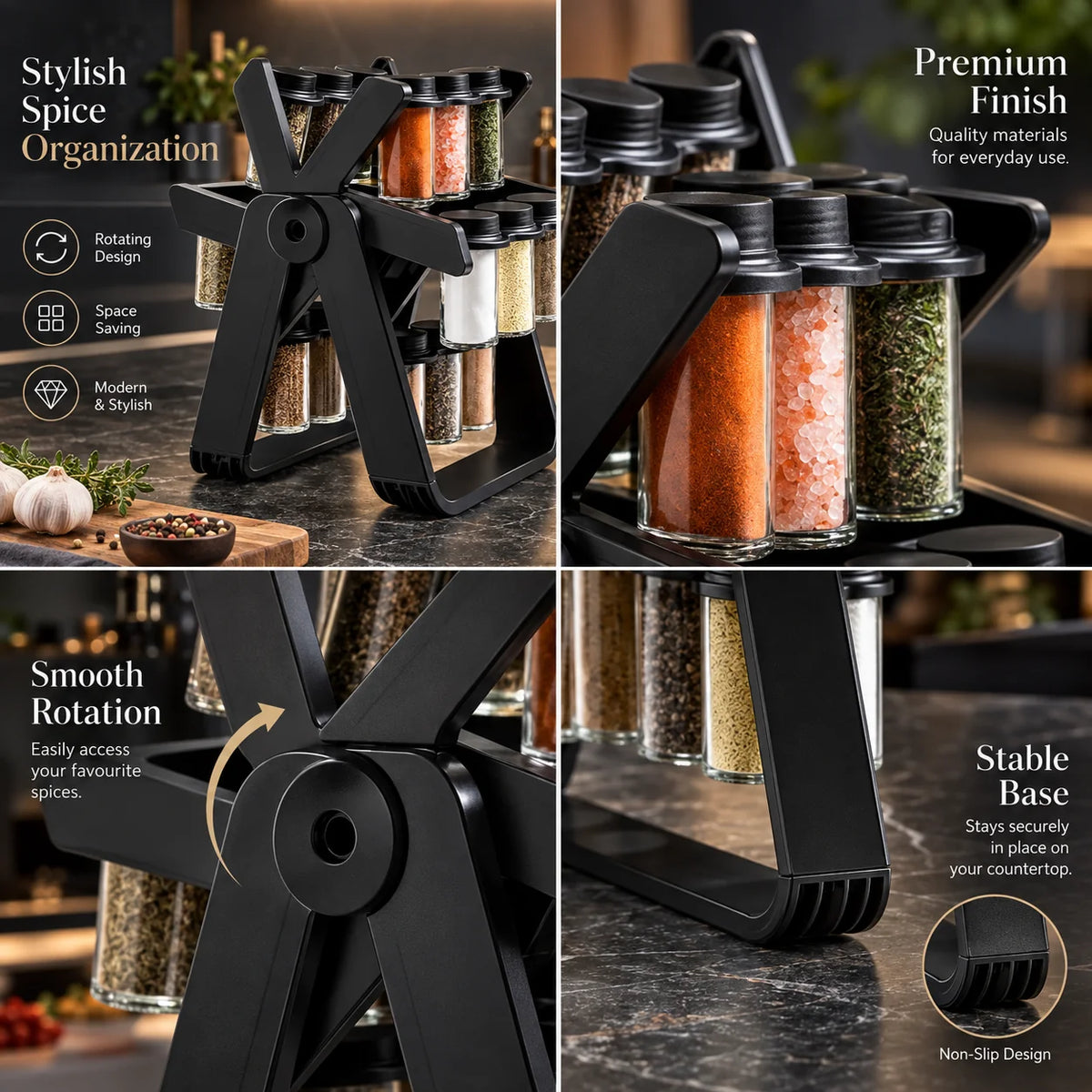 Countertop Spice Rack Rotating Space-Saving 18 Glass Jars