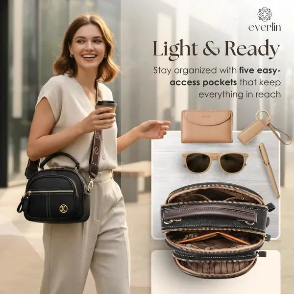 Crossbody Bag Compact Faux Leather Five Compartments Adjustable Strap