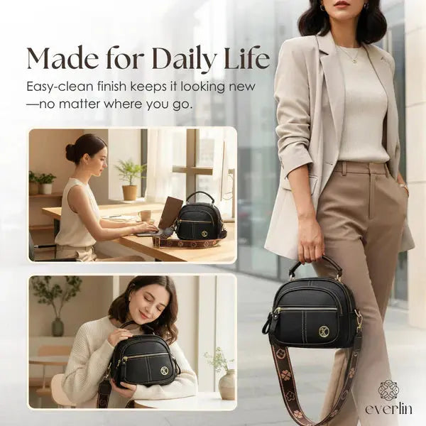 Crossbody Bag Compact Faux Leather Five Compartments Adjustable Strap