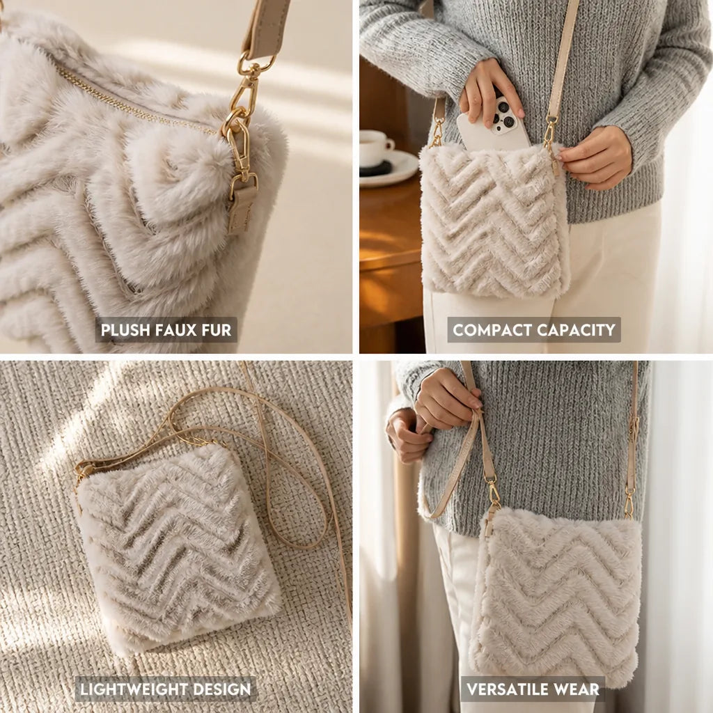 Crossbody Bag Faux Fur Chevron Compact Slim Straps