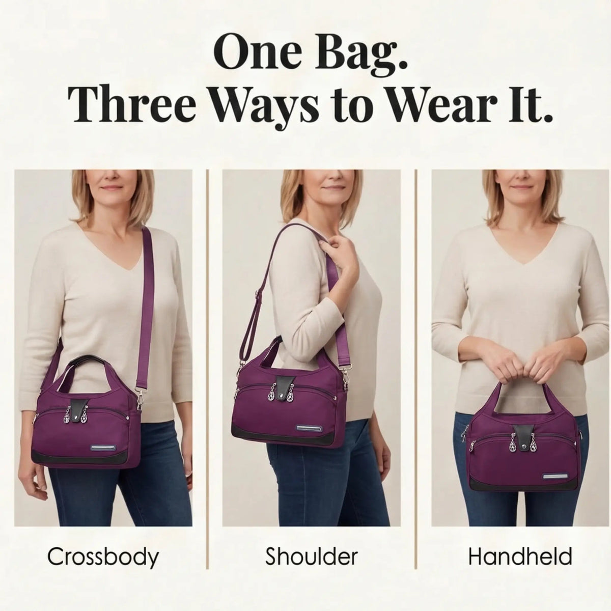 Crossbody Bag Five Zippered Compartments Hidden Anti-Theft Pocket