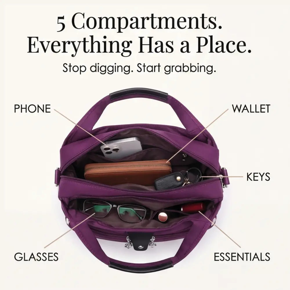 Crossbody Bag Five Zippered Compartments Hidden Anti-Theft Pocket