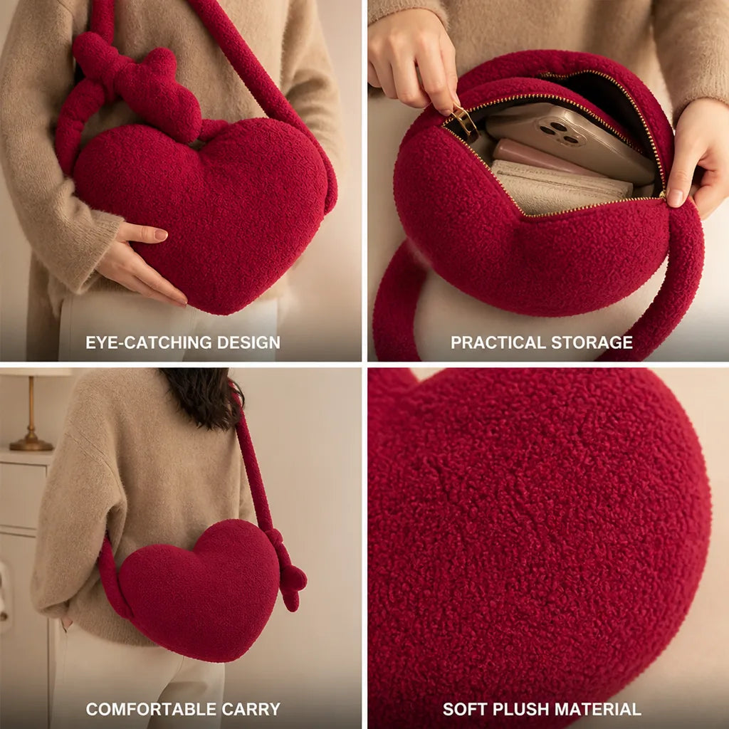 Crossbody Bag Heart-Shaped Teddy Fleece Adjustable Strap & Interior Pocket