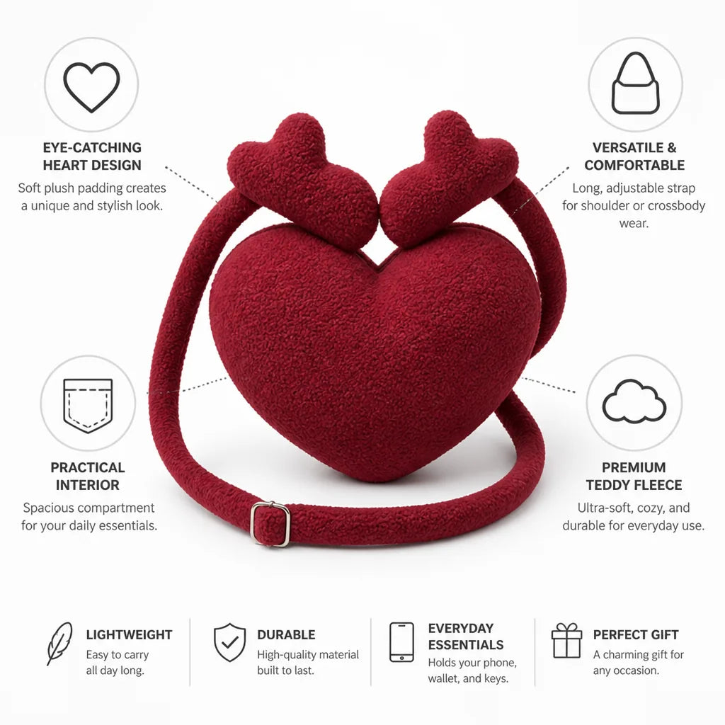 Crossbody Bag Heart-Shaped Teddy Fleece Adjustable Strap & Interior Pocket