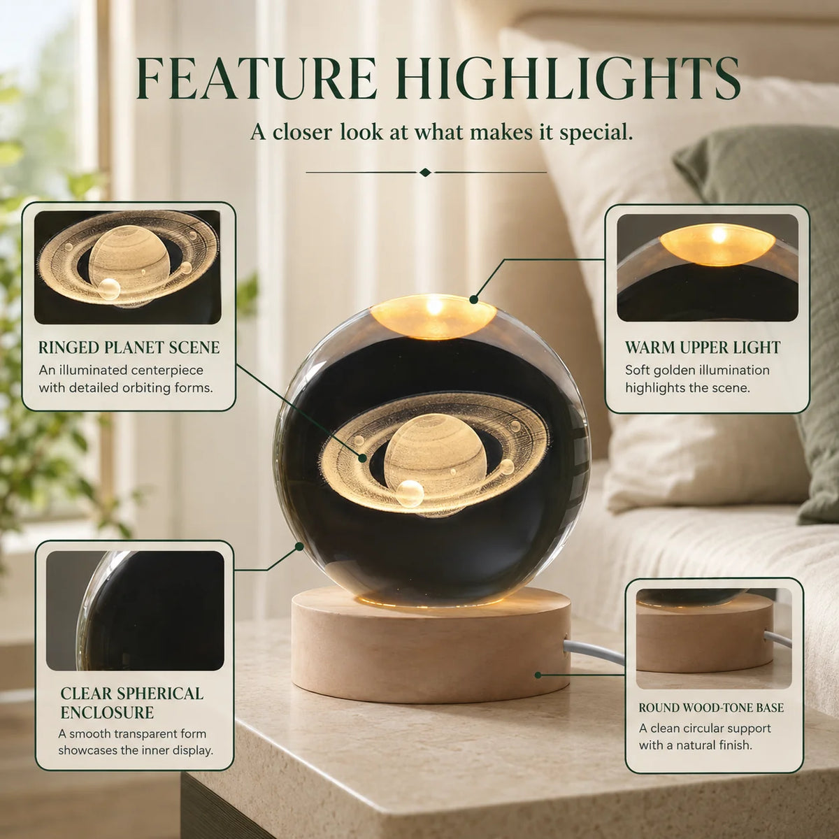 Crystal Ball Night Light 3D Engraved USB Powered