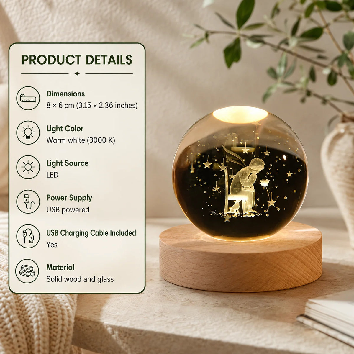 Crystal Ball Night Light 3D Engraved USB Powered