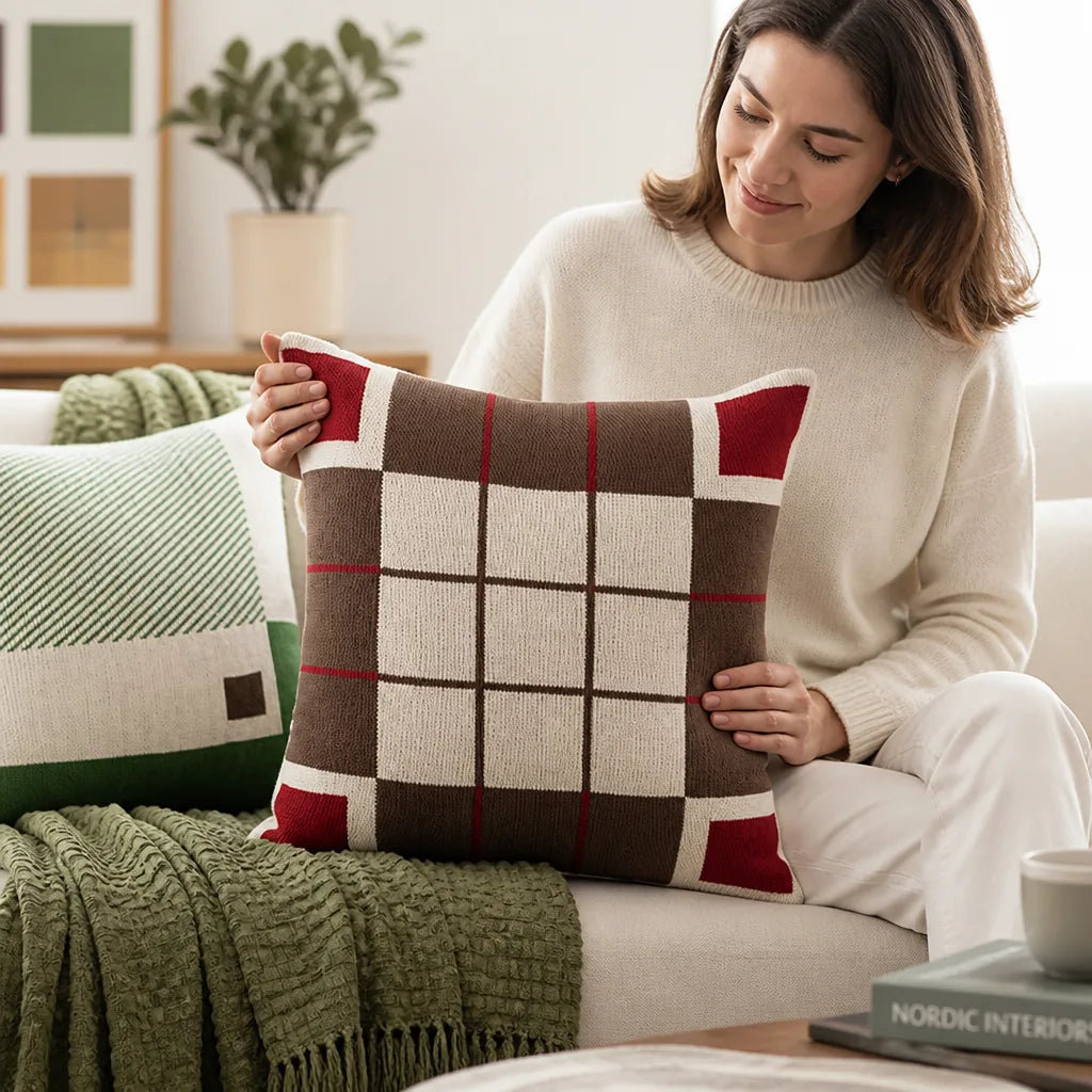 Cushion Cover Knitted Cotton Geometric Check 18x18 Inch