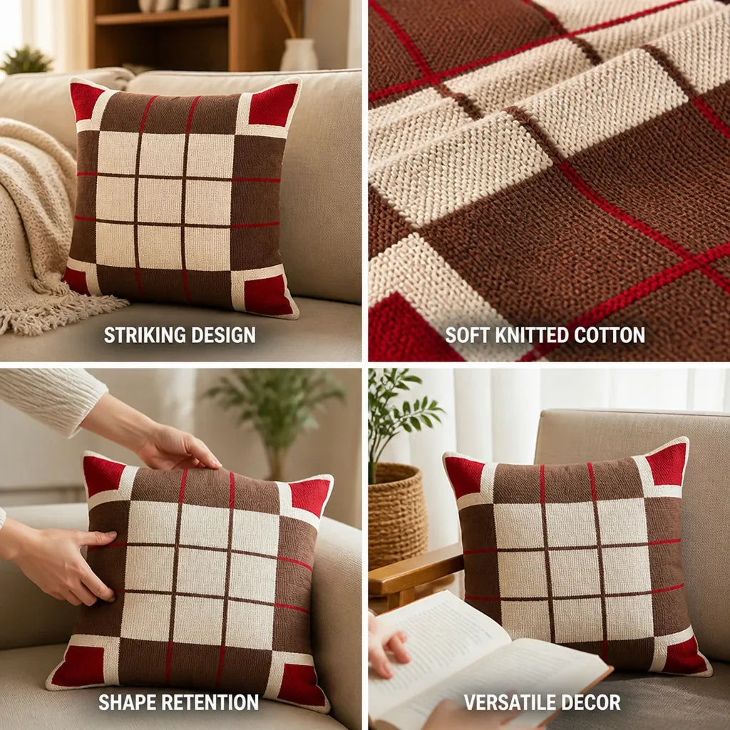 Cushion Cover Knitted Cotton Geometric Check 18x18 Inch
