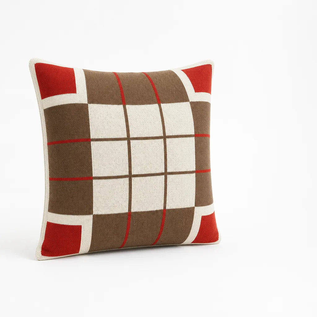 Cushion Cover Knitted Cotton Geometric Check 18x18 Inch